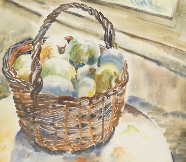 20th century School, watercolour, Study of fruit in a basket, monogrammed CA, 43 x 49cm. Condition - good